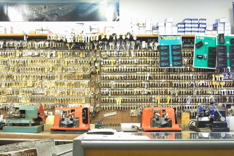 Wall of key blanks in a key cutting shop